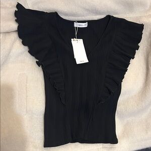 Mango Elegant Black Ruffled Blouse